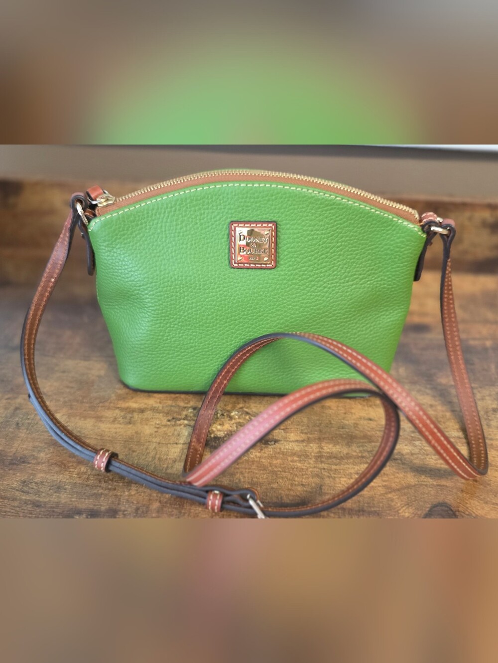 Dooney & Bourke Penny Green Pebbled Leather Crossbody with Brown Strap